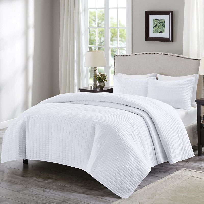 Photo 1 of Comfort Spaces Kienna Quilt Set-Luxury Double Sided Stitching Design All Season, Lightweight, Coverlet Bedspread Bedding, Matching Shams, King/Cal King(104"x90"), White
