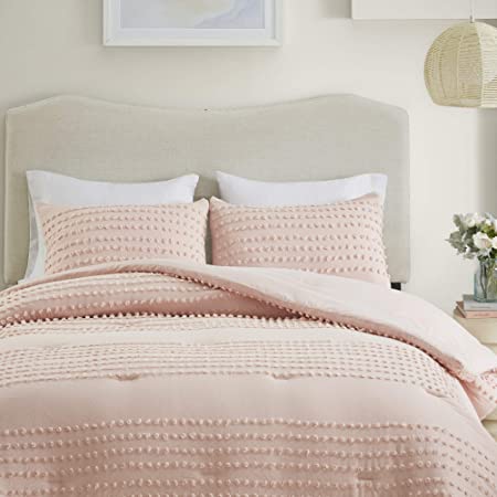 Photo 1 of Comfort Spaces Phillips Comforter Reversible 100% Cotton Face Jacquard Tufted Chenille Dots Ultra-Soft Overfilled Down Alternative Hypoallergenic All Season Bedding-Set, Full/Queen, Phillips, Blush
