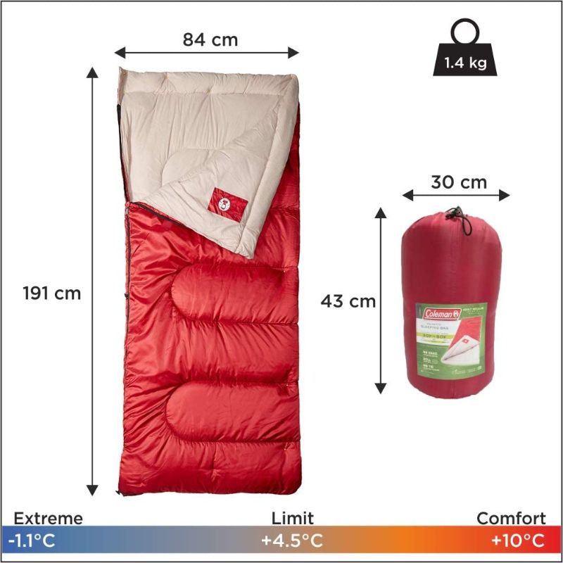 Photo 2 of Coleman Sleeping Bag | 30°F Palmetto Sleeping Bag | Cool Weather Sleeping Bag , Red
