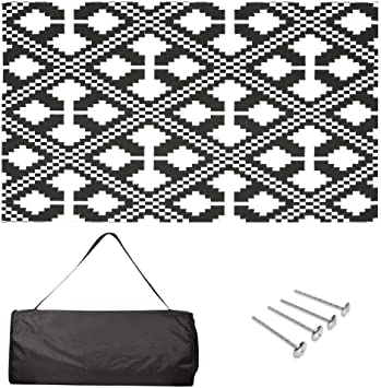 Photo 1 of Amazon Basics Outdoor Mat - For RV, Camping, Patio - Carry Bag and Rug Stakes Included, Weather Resistant, Black and White, 9' x 18'
