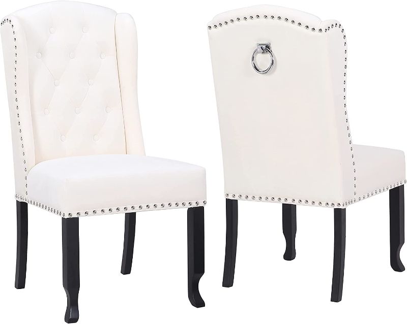 Photo 1 of BTEXPERT White Velvet High Back Tufted Upholstery Solid Wood Accent Luxurious Nailtrim Ring Living Room Side Kitchen Dining Chair Set of 2