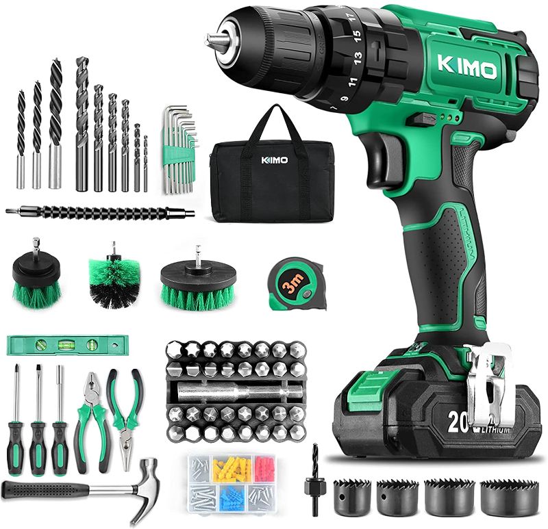 Photo 1 of Kimo Cordless Drill Driver Set, 68PCS Accessories, 20V Impact Drill Driver with 2.0Ah Battery/Charger, 3/8" Chuck, 350 In-lb Torque Drill Bits, Torpedo Level, Wire Pliers
