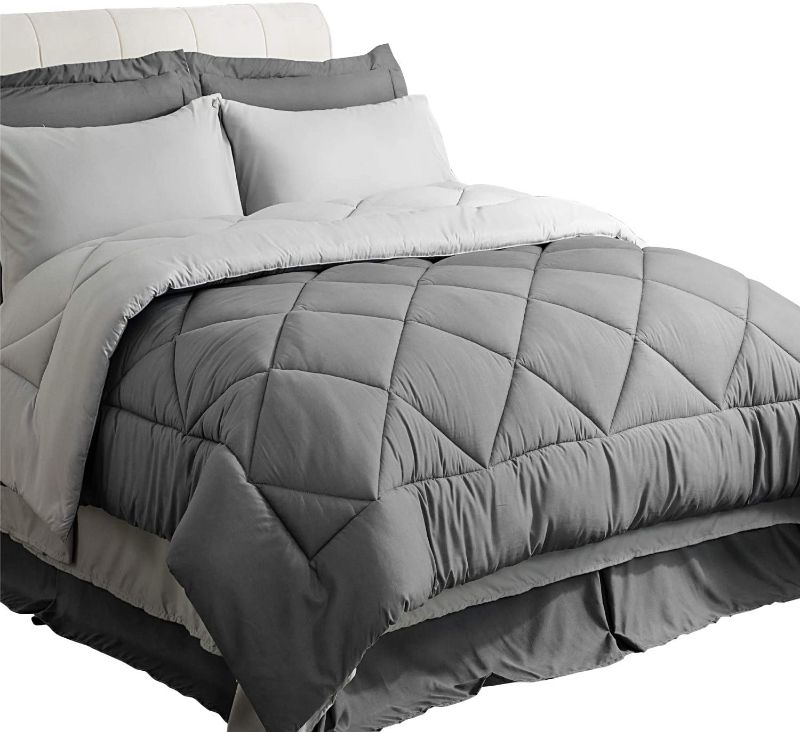 Photo 1 of Bedsure Queen Comforter Set - 8 Pieces Reversible Bed Set Bed in A Bag Queen with Comforters, Sheets, Pillowcases & Shams, Grey Queen Bedding Sets
