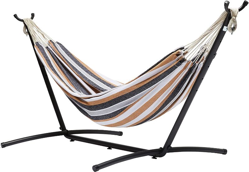 Photo 1 of Amazon Basics Double Hammock with 9-Foot Space Saving Steel Stand and Carrying Case, Multi Color, 400 lb Capacity
