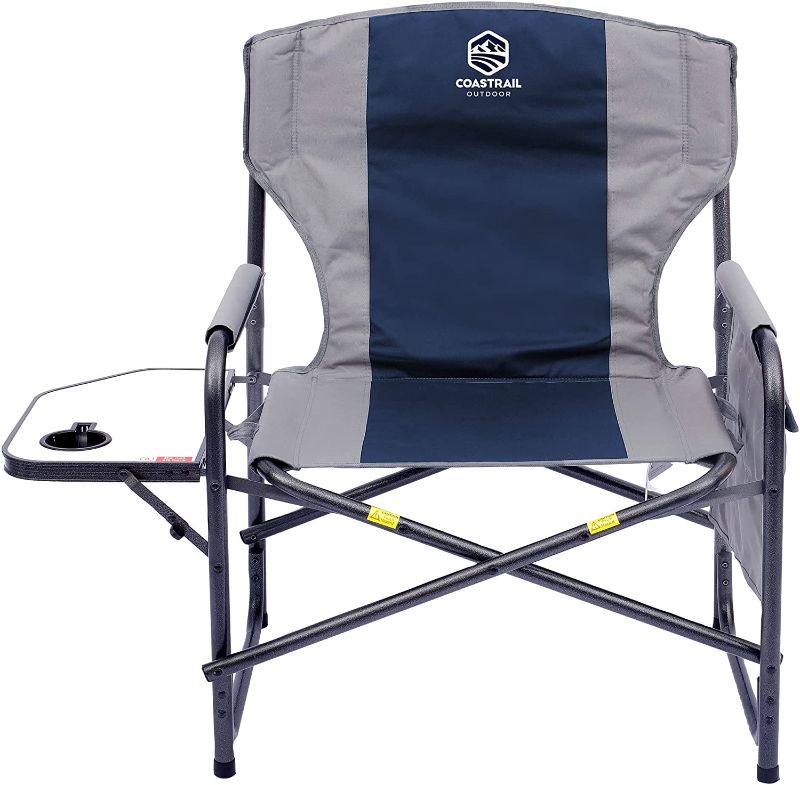 Photo 1 of Coastrail Outdoor XXL Oversized Director Chair Supports 600lbs, 28" Wide Fully Back Padded for Adults Heavy Duty Folding Camping Chair with Side Table & Storage Pocket, Blue
