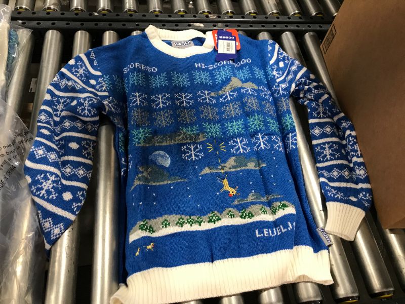 Photo 2 of FUNZIEZ! Ugly Christmas Sweater Space Invader Long Sleeve Novelty Costume Blue - large
