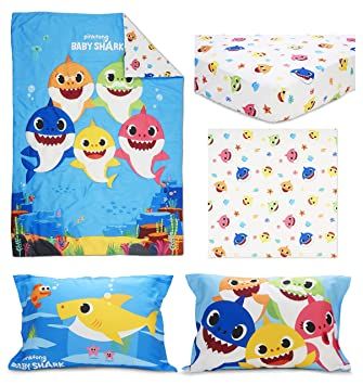 Photo 2 of Baby Shark 4 Piece Toddler Bedding Set - Includes Quilted Comforter, Fitted Sheet, Top Sheet, and Pillow Case 58" x 42" 
