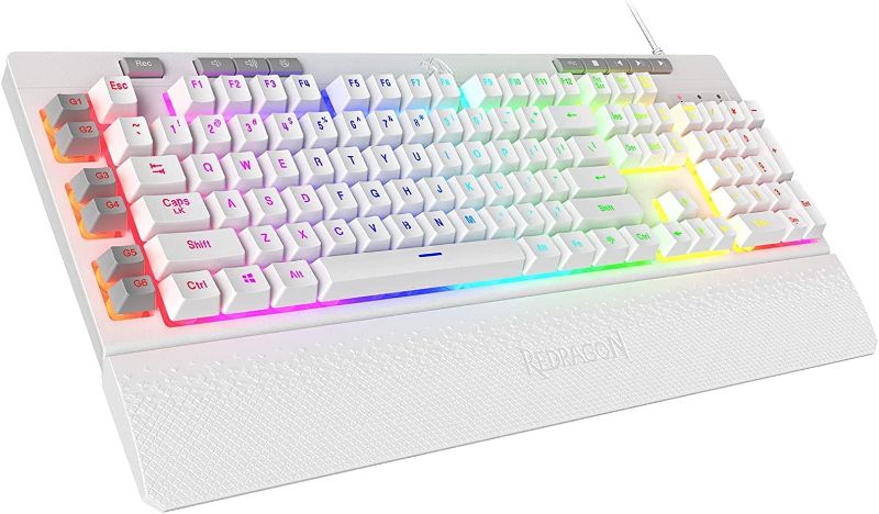 Photo 1 of Redragon K512 Shiva RGB Backlit Membrane Gaming Keyboard with Multimedia Keys, Linear Mechanical-Feel Switch, 6 Extra On-Board Macro Keys, Dedicated Media Control, Detachable Wrist Rest, White
