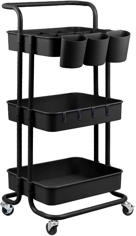 Photo 1 of alvorog 3-Tier Rolling Utility Cart Storage Shelves Multifunction Storage Trolley Service Cart with Mesh Basket Handles and Wheels Easy Assembly for Bathroom, Kitchen, Office (Black)
