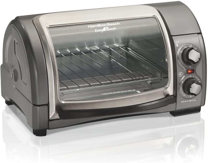 Photo 1 of Hamilton Beach Easy Reach 4-Slice Countertop Toaster Oven With Roll-Top Door, 1200 Watts, Fits 9” Pizza, 3 Cooking Functions for Bake, Broil and Toast, Silver (31344DA)
