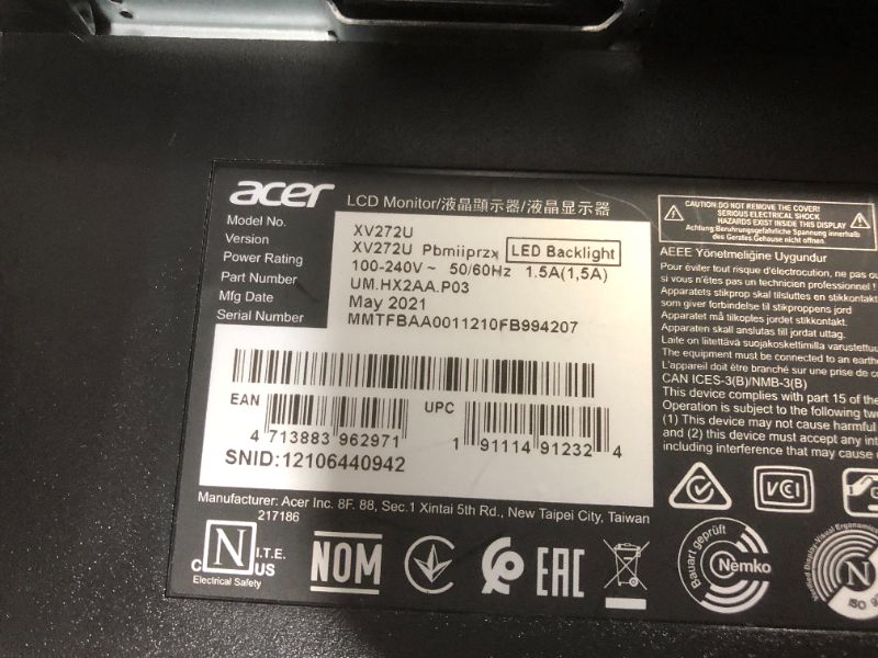 Photo 5 of Acer Nitro XV272U Pbmiiprzx 27" WQHD (2560 x 1440) IPS G-SYNC Compatible Monitor, 144Hz, 1ms VRB, VESA Certified DisplayHDR400, DCI-P3, Delta E<2
