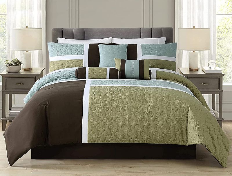 Photo 1 of Chezmoi Collection 7-Piece Quilted Patchwork Comforter Set, Coffee Brown/Aqua Blue/Sage Green, California King
