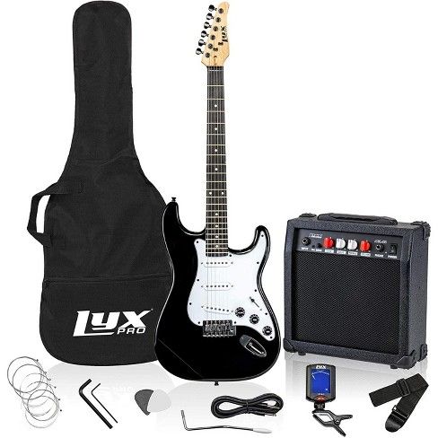 Photo 1 of LyxPro 39 inch Electric Guitar Kit Bundle with 20w Amplifier, All Accessories, Digital Clip On Tuner, Six Strings, Two Picks, Tremolo Bar, Shoulder Strap, Case Bag Starter kit Full Size

