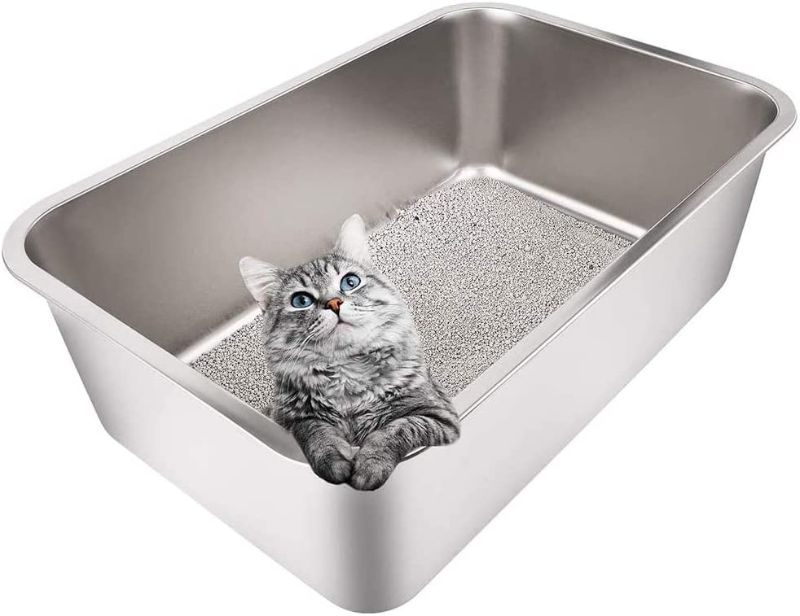 Photo 1 of Yangbaga Stainless Steel Litter Box for Cat and Rabbit, Large Size with Extra High Sides and Non Slip Rubber Feet. Odor Control, Non Stick Smooth Surface, Easy to Clean, Never Bend
