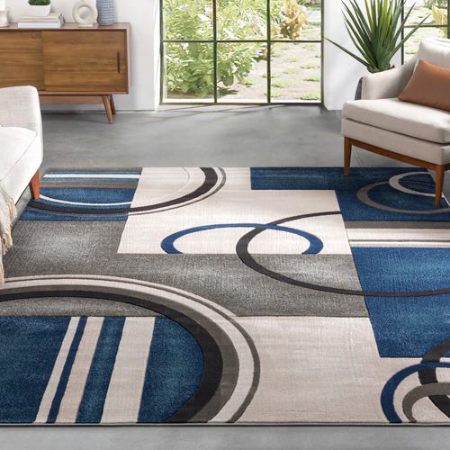 Photo 1 of Belle Dark Blue Modern Abstract Geometric 3D Textured Rug, 7 FOOT 10 INCHES X 9 FOOT 10 INCHES
