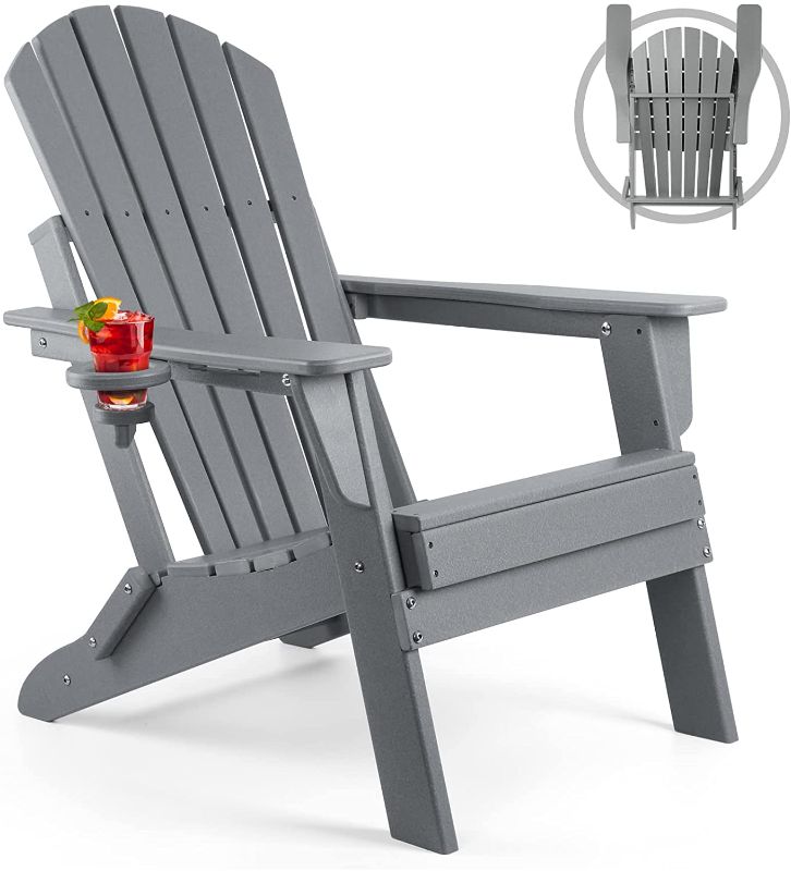 Photo 1 of Folding Adirondack Chair, Fire Pit Chairs, Plastic Adirondack Chairs Weather Resistant with Cup Holder, Composite Adirondack Chairs, Grey
