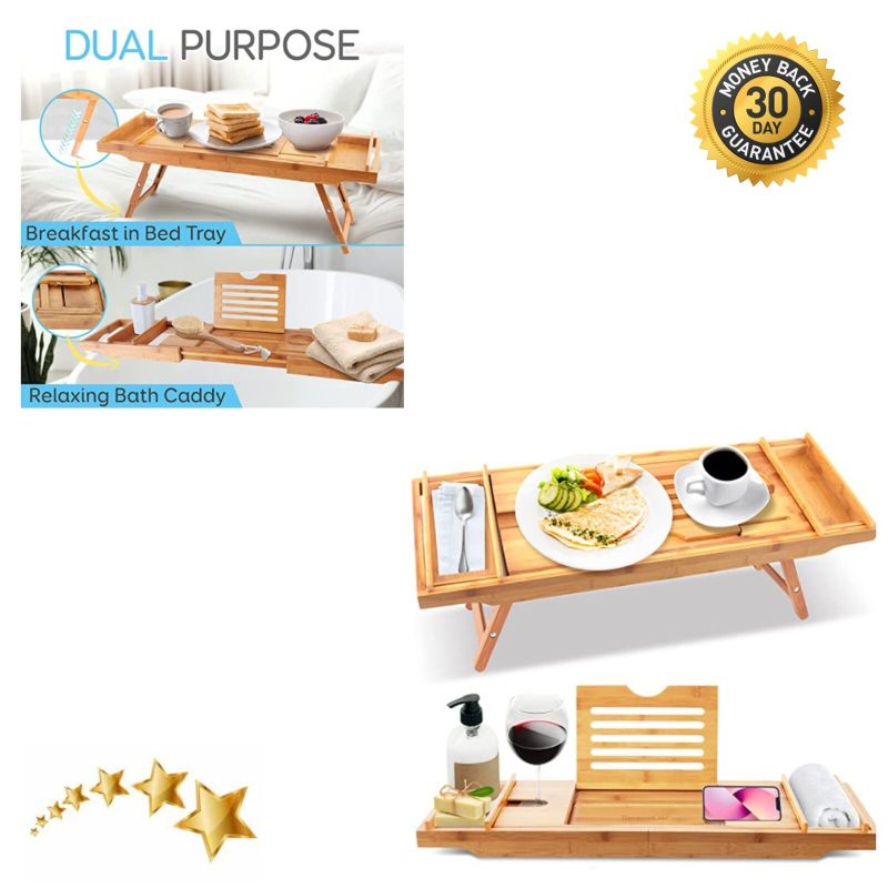 Photo 1 of Bath Caddy Breakfast Tray Combo Natural Bamboo Wood Waterproof Bath Tub Caddy
