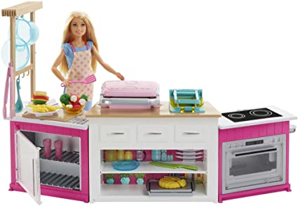 Photo 1 of Barbie Kitchen Playset with Doll, Lights & Sounds, Food Molds, 5 Dough Colors and 20+ Accessories