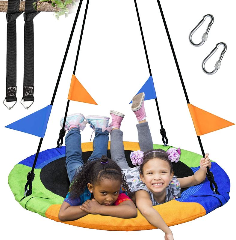 Photo 1 of PACEARTH 40 Inch Saucer Tree Swing Flying 660lb Weight Capacity 2 Added Hanging Straps Adjustable Multi-Strand Ropes Colorful Safe and Durable Swing Seat for Children
