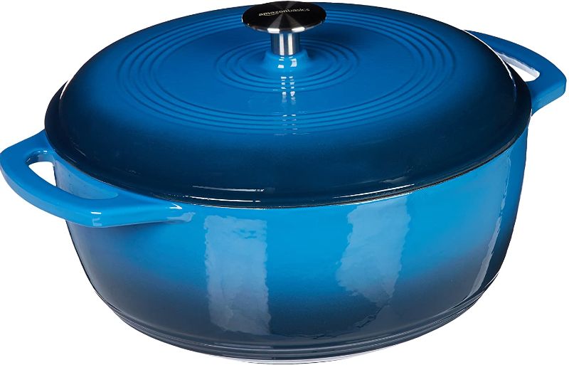 Photo 1 of Amazon Basics Enameled Cast Iron Covered Dutch Oven, 7.3-Quart, Blue
