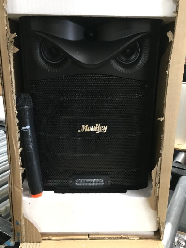 Photo 2 of Moukey Karaoke Machine, Outdoor Speaker 10" Subwoofer PA System, Portable Bluetooth Speaker with Wireless Microphone, Remote, Disco Lights and Wheels, Bass Boost, Supports TWS/REC/AUX/MP3/USB/TF/FM
