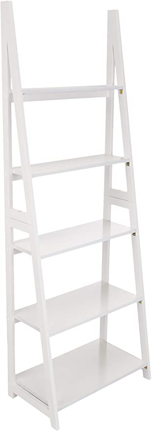 Photo 1 of Amazon Basics Modern 5-Tier Ladder Bookshelf Organizer, Solid Rubberwood Frame - White
