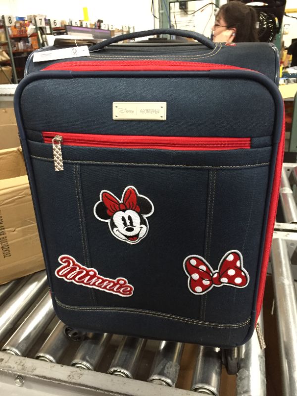 Photo 2 of American Tourister Disney Minnie Mouse Denim Krush 21-inch Softside Spinner Carry-on Luggage One Piece
