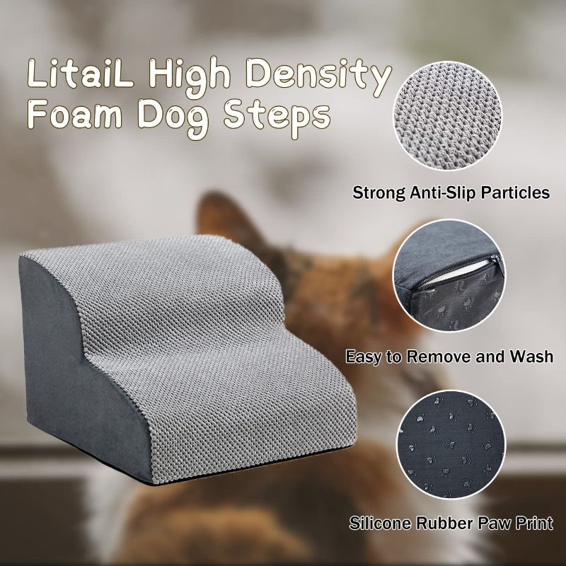 Photo 1 of  2 Tiers High Foam Dog Ramps with Removable Stair Cover, Anti-Slip Design at Bottom of Stairs, Suitable for Pets with Joint Pain, Old Dogs, Old Cats, Fat Pets, Short Legged Pets ?Grey?…
