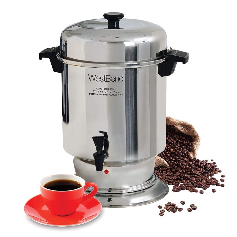 Photo 1 of West Bend 13550 Coffee Urn Commercial Polished Stainless Steel Features Automatic Temperature Control Large Capacity with Fast Brewing and Easy Clean Up, 55-Cup, Silver
