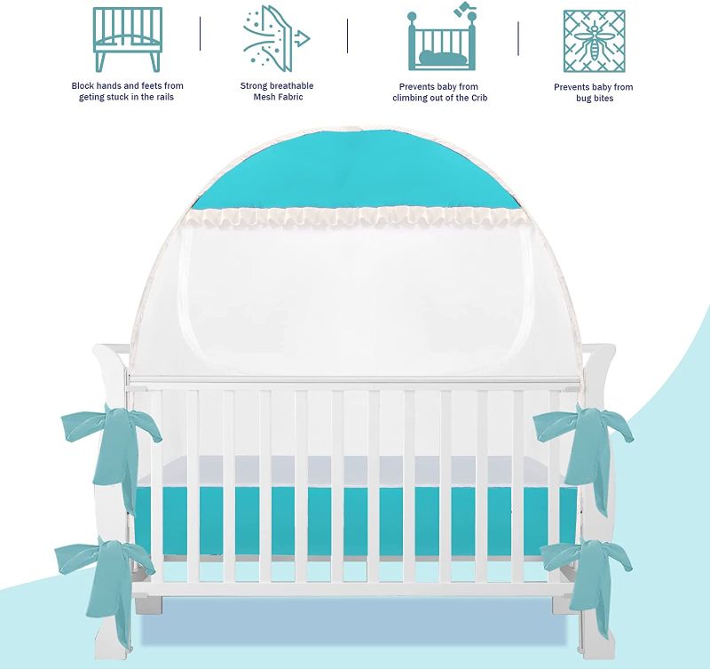 Photo 1 of Baby Crib Tent Cover to Keep Baby from Climbing Out, Pop Up Safety Crib Net Canopy for Boys,Girls,Toddler, Mesh Mosquito Net for Crib,Baby Bed,Crib Height Extender to Keep Infant in (Emerald)

