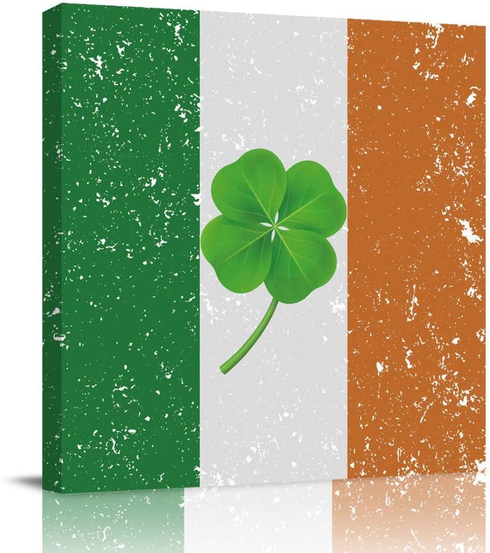 Photo 1 of Aomike Canvas Wall Art Decor- Happy St. Patrick's Day Retro Irish Flag Lucky Shamrocks Artwork Canvas Prints for Living Room, Bedroom, Kitchen, Office- Stretched and Framed Ready to Hang 20" x 20"
