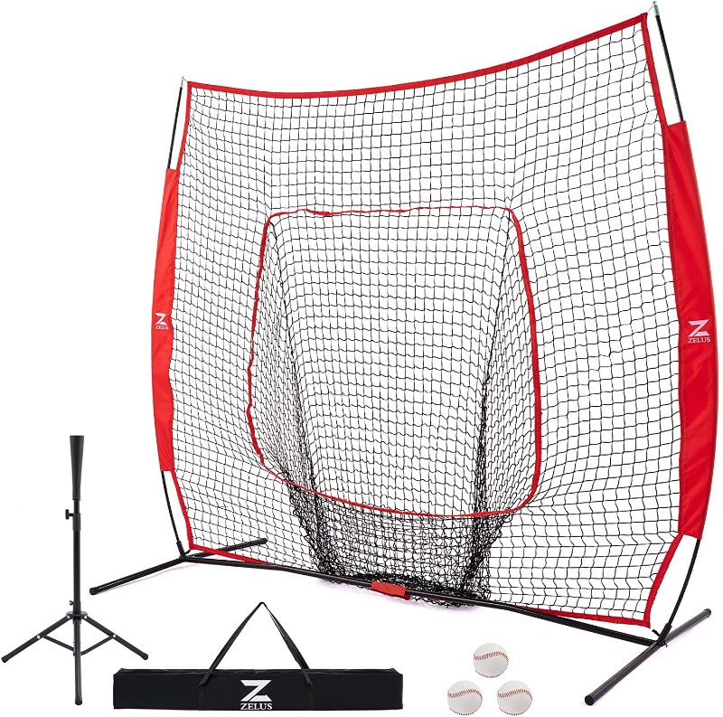 Photo 1 of ZELUS Baseball Net Kit with Baseball Tee and Sock Net, 7x7ft Softball Baseball Training Equipment for Hitting and Batting Practice, Portable Indoor Outdoor Pitching Net with Carry Bag 3 Baseballs
