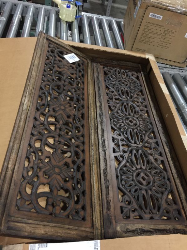 Photo 2 of Floral Hand Carved Brown Wooden Wall Panels, Assortment of Two
