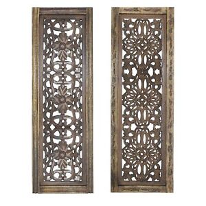 Photo 1 of Floral Hand Carved Brown Wooden Wall Panels, Assortment of Two
