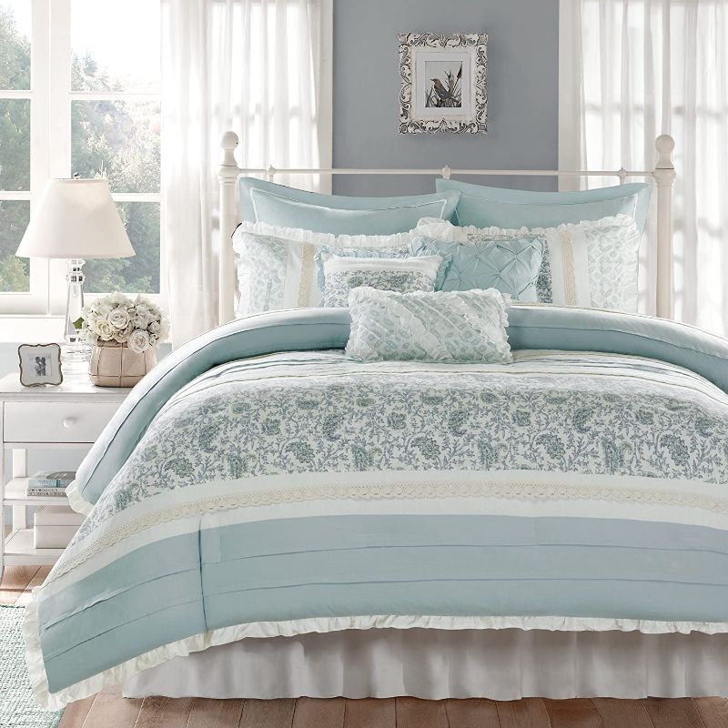 Photo 1 of Madison Park 100% Cotton Comforter Set-Modern Cottage Design All Season Down Alternative Bedding, Matching Shams, Bedskirt, Decorative Pillows, King(104"x92"), Dawn Shabby Chic, Blue, 9 Piece
