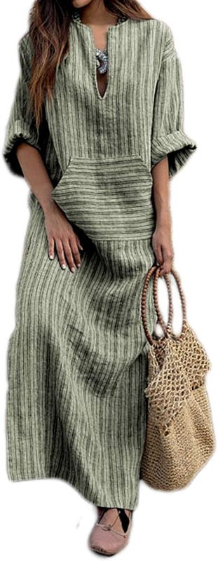 Photo 1 of FLORHO Women's Maxi Dresses Solid Kaftan Loose Cotton Long Dress Improve for Americans size 2XL
