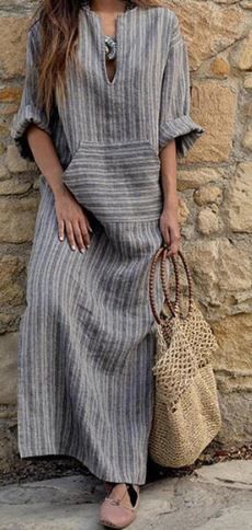 Photo 1 of Women 3/4 Sleeve Round Neck Striped Loose Long Maxi Dress with Side Pockets grey size L

