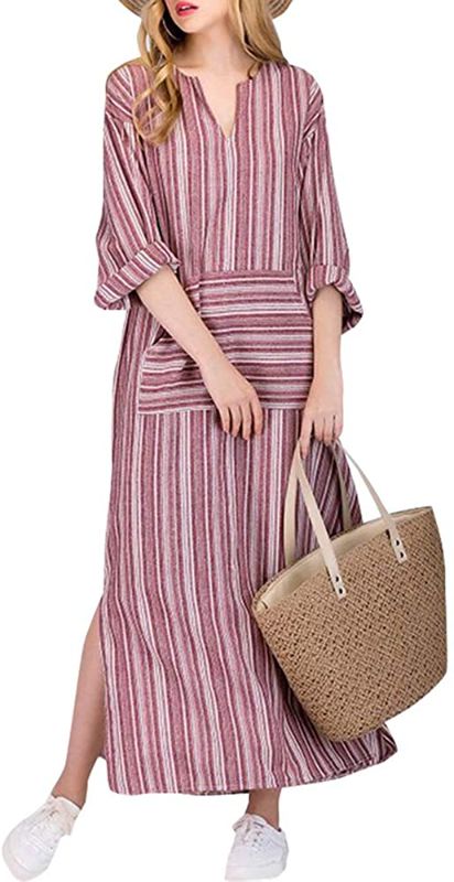 Photo 1 of Celmia Women Striped Maxi Dresses 3/4 Sleeve Split Kaftan Long Dress V Neck with Pockets 2xl
