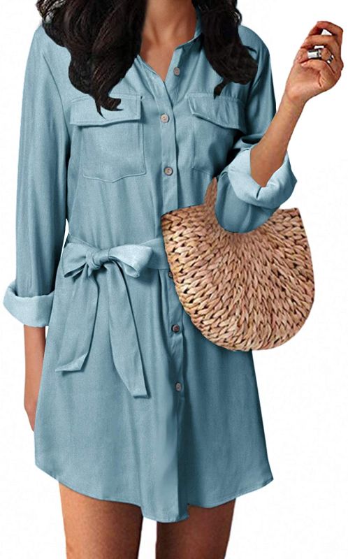 Photo 1 of Kidsform Women's Long Sleeve Blouse Dress Denim Shirt Dresses Button Down Chambray Cotton Tops with Pockets M
