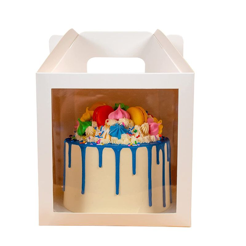 Photo 1 of 8x8x8 in Cake Box for Tall Cakes With Window and Handle | 8 Inch Boxes | Disposable Cake Containers 10 pack