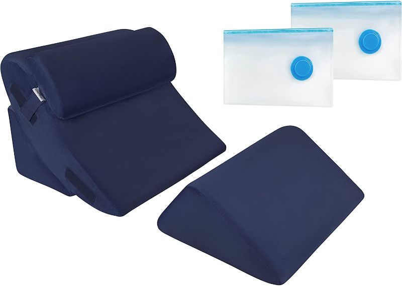 Photo 1 of 4 Pcs Orthopedic Bed Wedge Pillow Set – Post Surgery, Relaxing, Back & Adjustable Head Support Cushion – Triangle Memory Foam Pillow for Acid Reflux, Sleeping, Reading, Leg Elevation, Snoring (Blue)
