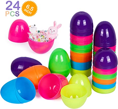 Photo 1 of HOOJO 24 PCS 6.5? Jumbo Plastic Easter Eggs Fillable with 6 Bright Assorted Colors, Empty Giant Eggs for Easter Egg Hunt, Surprise Egg, Filling Treats, Basket Stuffers and Easter Party Favor