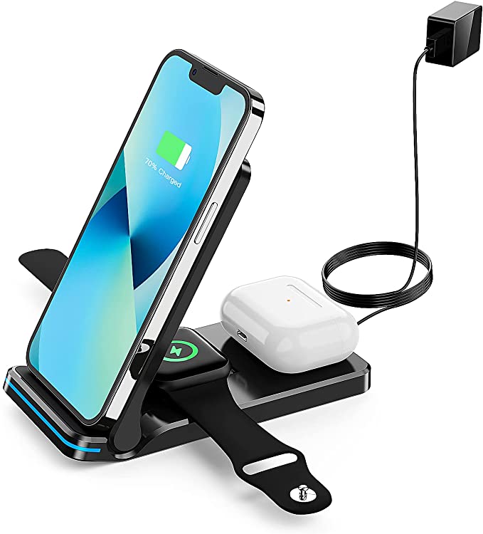 Photo 1 of Wireless Charger, Foldable Fast Wireless Charger Station for iPhone 13/12/11/Pro/Max/XS MAX/XS/XR/X, 3 in 1 Wireless Charging Stand for iWatch 7/6/SE/5/4/3/2, AirPods 2/3/pro (Black)