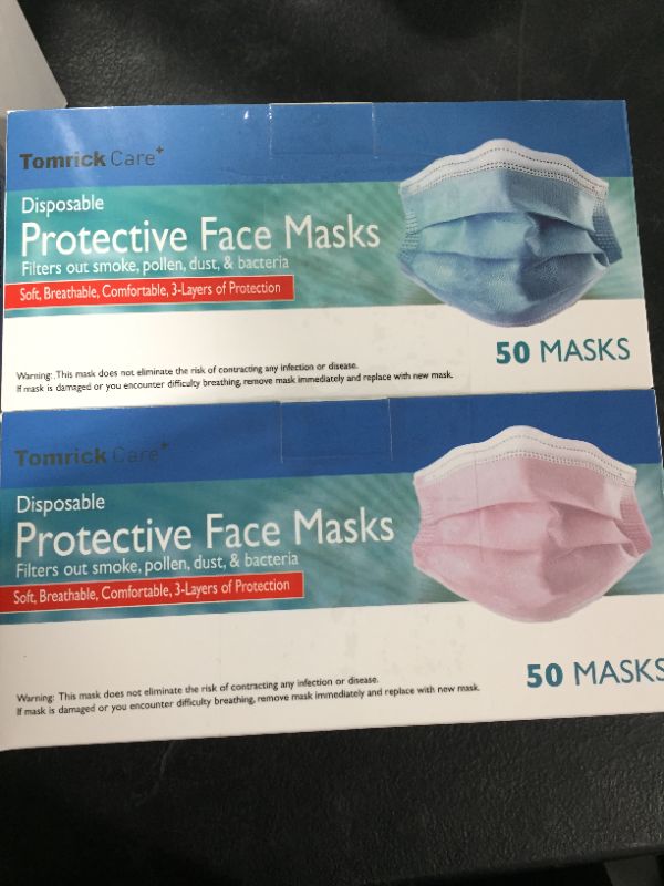 Photo 3 of 2 PACK - TomrickCare Adult Face Masks Disposable 50 PCS,3 Ply - BLUE AND PINK