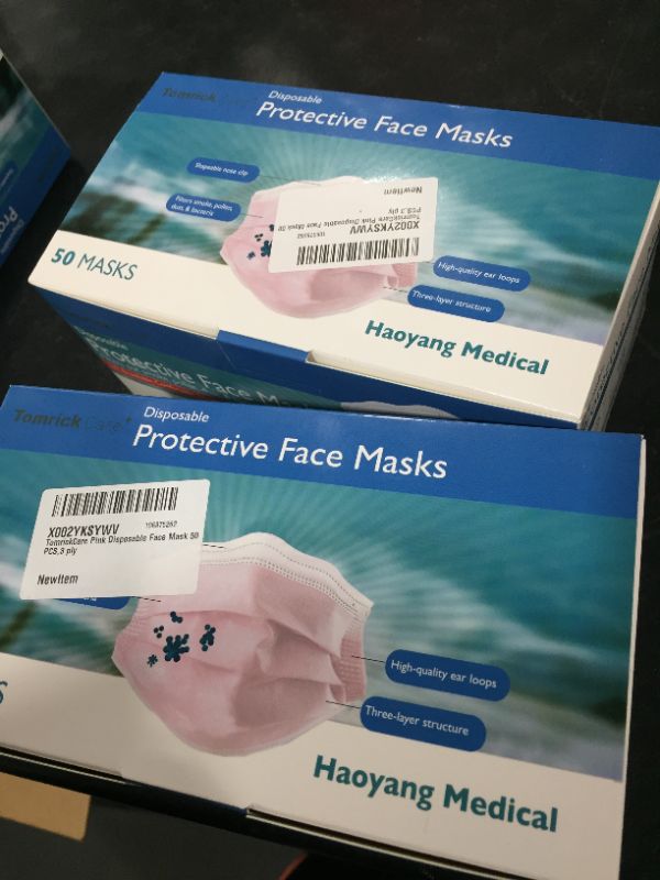 Photo 2 of 2 PACK - TomrickCare Pink Disposable Face Mask 50 PCS,3 ply