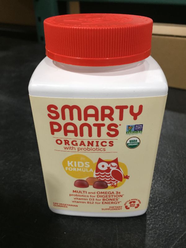 Photo 1 of SmartyPants Organic Kids Multivitamin, Daily Gummy Vitamins: Probiotics, Vitamin C, D3, Zinc, & B12 for Immune Support, Energy & Digestive Health, Assorted Fruit Flavor, 120 Gummies, 30 Day Supply

Expires Sept 29 2022