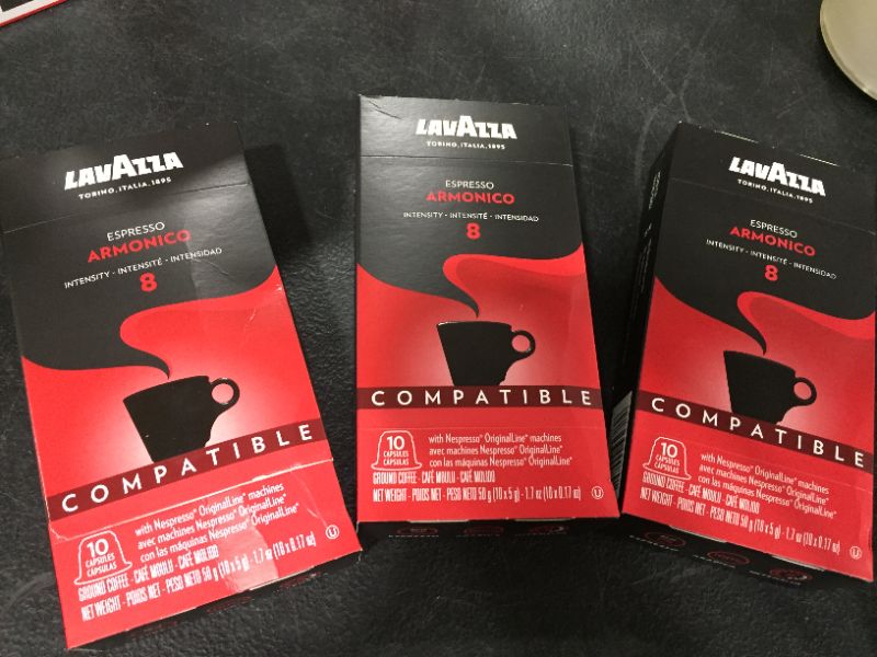 Photo 2 of 3 PACK - Lavazza Premium Coffee Corp Nespresso OriginalLine Compatible Capsules, Armonico Espresso, Dark Roast Coffee, 10 ct

EXPIRED 2/28/2022