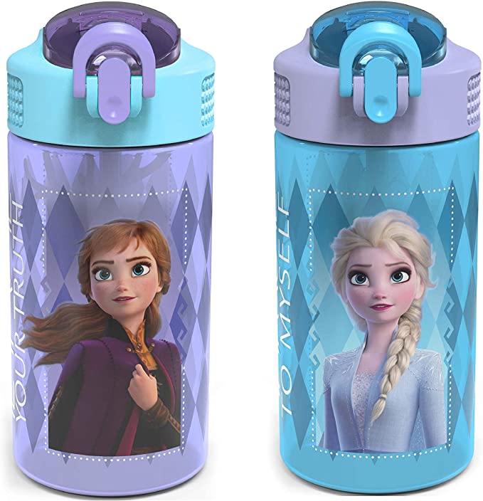 Photo 1 of Zak Designs Disney Frozen 2 Kids Water Bottle Set with Reusable Straws and Built in Carrying Loops, Made of Plastic, Leak-Proof Water Bottle Designs (Elsa & Anna, 16 oz, BPA-Free, 2pc Set)
