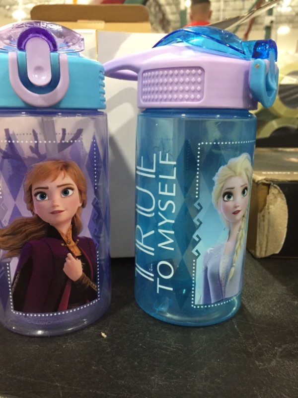 Photo 2 of Zak Designs Disney Frozen 2 Kids Water Bottle Set with Reusable Straws and Built in Carrying Loops, Made of Plastic, Leak-Proof Water Bottle Designs (Elsa & Anna, 16 oz, BPA-Free, 2pc Set)
