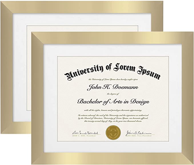 Photo 1 of Americanflat 11x14 Gold Diploma Frame - Displays 8.5x11 Diplomas with Mat or 11x14 Inch Without Mat - Shatter-Resistant Glass. Hanging Hardware Included! (2 Pack)
